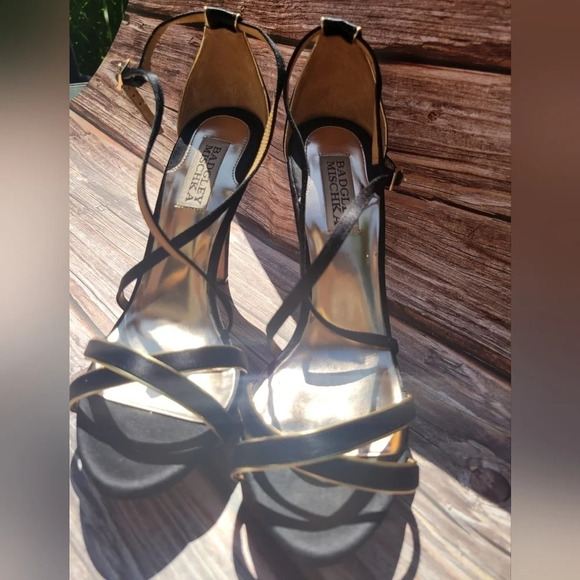 Badgley Mischka Shoes Black Gold Satin Sandal Womens Strappy High Heels Size 7.5 - Picture 2 of 11